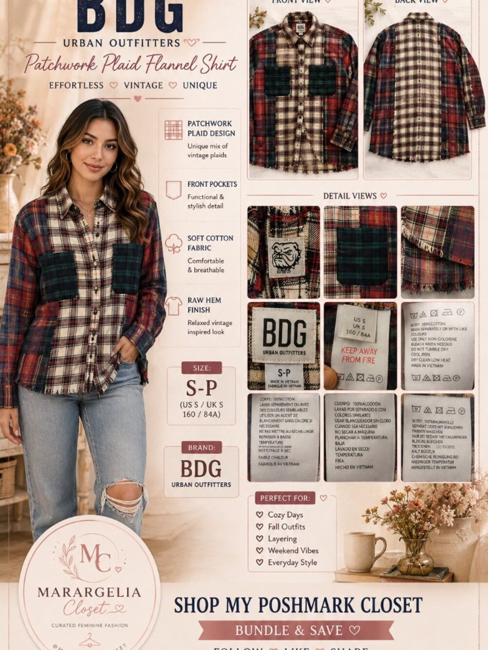 BDG Urban Outfitters Patchwork Plaid Flannel Grunge Raw Hem Shirt S